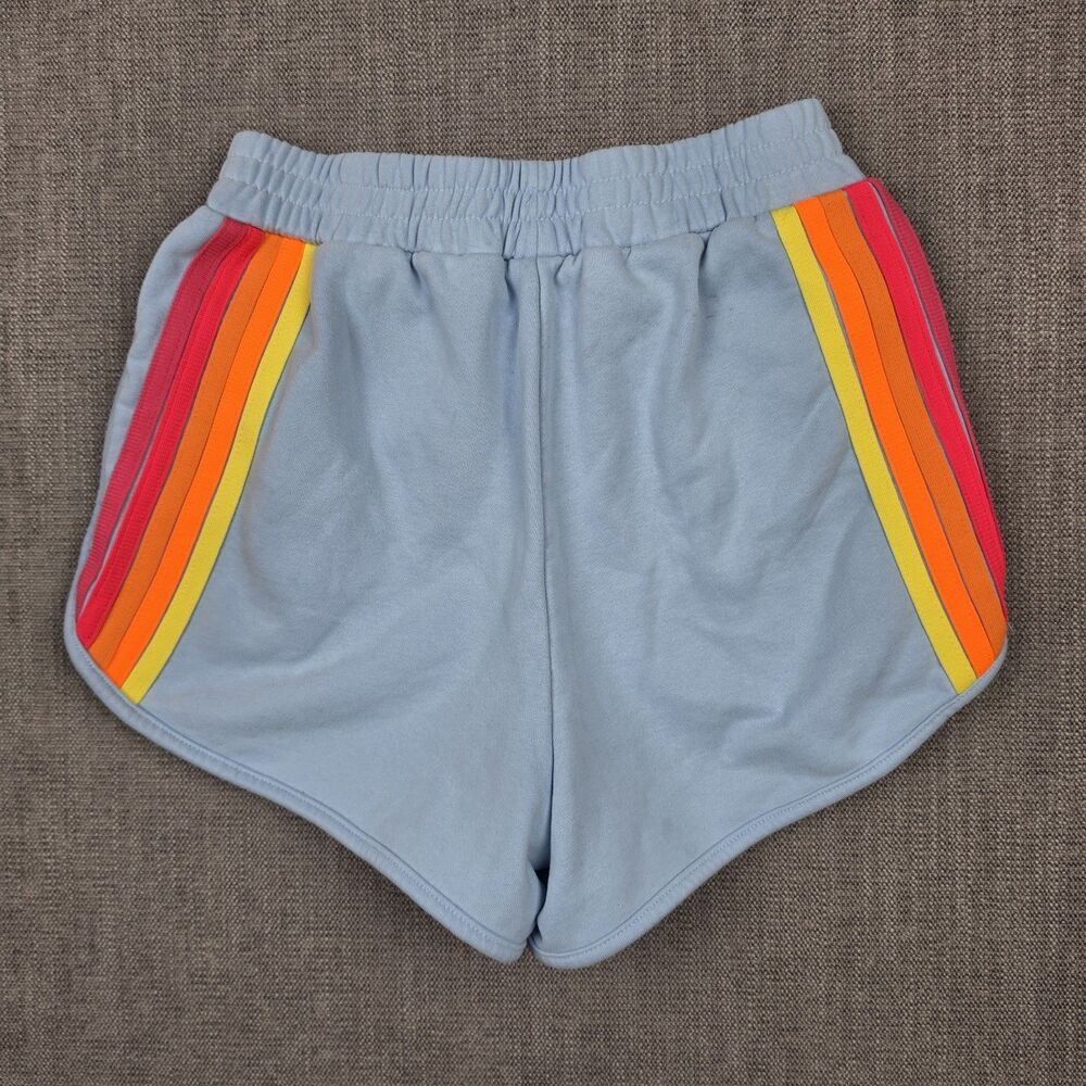 Women Light Blue Sweat Shorts Rainbow Stripe Side Pocket Size S Lounge